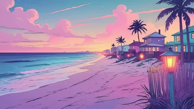 Serene lofi style dusk at Pensacola Beach where soft pastel hues blend pink and purple across the sky into the tranquil ocean