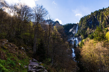 Obraz premium Ars Waterfall, swollen by the melting spring snow, in the Pyrenees region of Haut-Couserans, Ariège