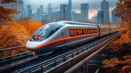 Naklejka premium High-speed train on tracks with city skyline and autumn foliage in background.
