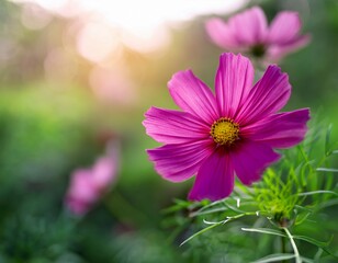 Obraz premium closeup of dark pink cosmos flower under sunlight with green leaf nature background and copy space using as natural plants landscape ecology wallpaper cover page concept