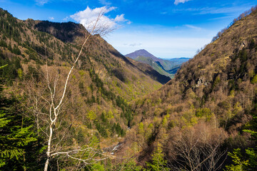 View over the Ars Valley towards Aulus-les-Bains from the Ars Waterfall, in the Pyrenees region of Haut-Couserans, Ariège