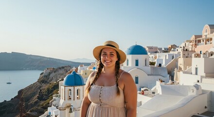 Woman posing in a beige dress, smiling, with a classic white Greek architecture background.