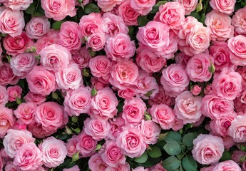 A Lush Garden Display of Vibrant Pink Roses in Full Bloom Surrounded by Green Leaves Capturing Nature's Beauty and Floral Elegance