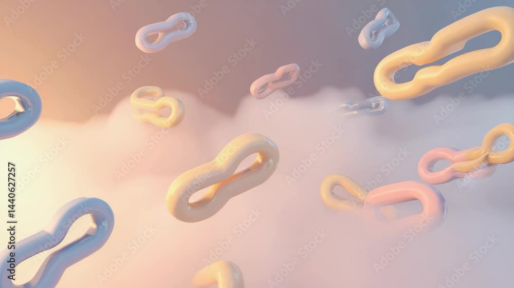 Poster abstract pastel-colored chain links floating in a soft, cloudy environment with gentle lighting.