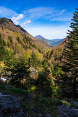 Obraz premium View over the Ars Valley towards Aulus-les-Bains from the Ars Waterfall, in the Pyrenees region of Haut-Couserans, Ariège