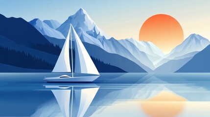 Calm sailboat on lake at sunrise, mountains