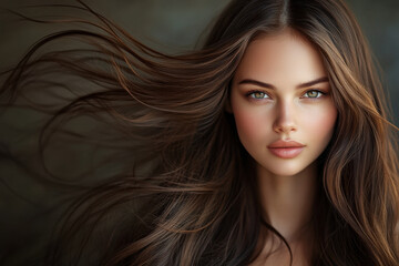 Beautiful woman with long brown hair smiling in a field of vibrant sunflowers.