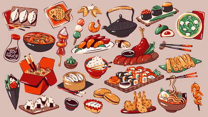 Asian food set in retro style. Seafood sushi and sashimi, ramen noodle and soy sauce, tempura shrimp. Asian traditional dishes, cuisine mascot, Japanese and Chinese cuisine cartoon vector illustration