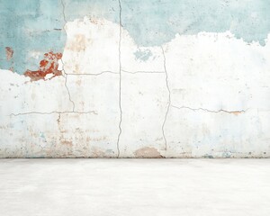 Empty room with distressed plaster wall and light floor