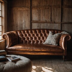 A shining copper-toned sofa in a rustic farmhouse.