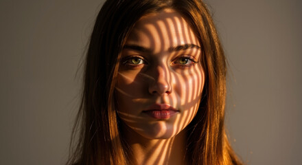 Portrait of woman with warm-toned striped shadow pattern across face created by window blinds. Natural light. Duality and revelation concept., interior design inspiration, visual storytelling.