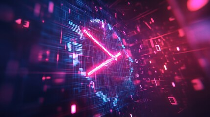 Fototapeta premium Abstract digital checkmark glowing in vibrant neon colors within a futuristic data stream.