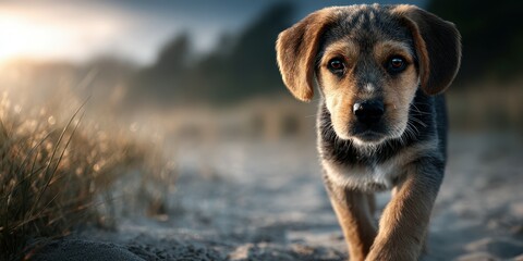 Young dog exploring a sandy beach at sunset, showcasing curiosity and playfulness in a serene natural setting
