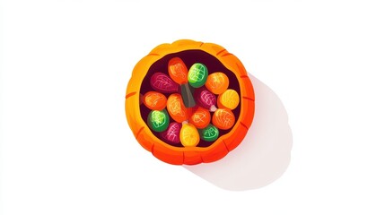 Pumpkin cup filled with assorted Halloween candy, flat design, top view, vibrant hues, isolated on white background.