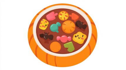 Pumpkin cup filled with assorted Halloween candy, flat design, top view, vibrant hues, isolated on white background.