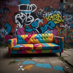 A pop-art inspired colorful sofa in a graffiti alley.