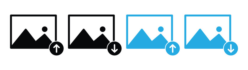 Image Upload, Download, and Error Icons Set, Solid and Outline Styles, Vector Illustration.