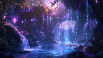 Magical glowing waterfall in enchanted forest.