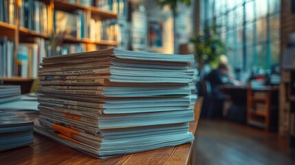 Stack of books on a wooden table in a library setting.
