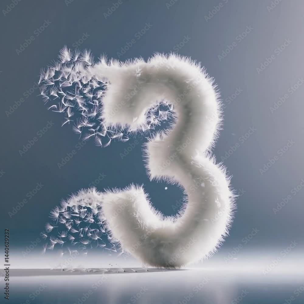 Poster abstract number three made of soft white feathers, partially dissolving in the air, symbolizing frag