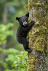 Obraz premium Adorable Black Bear Cub Climbing a Moss-Covered Tree in a Lush Forest Setting Amidst Green Foliage and Natural Habitat