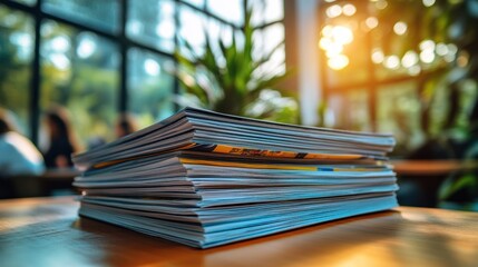 Stack of magazines on a table with blurred background of plants and windows.