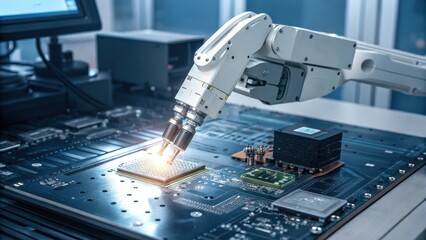 A robotic arm assembles a microchip on a circuit board in a high-tech manufacturing facility.