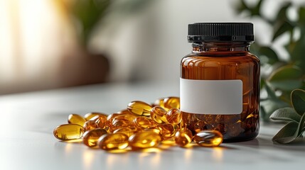 Amber bottle with blank label and pile of gel capsules on white surface.