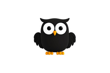 A cute black owl with big white eyes, orange beak, and orange feet.