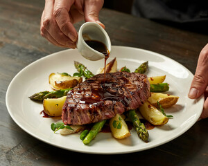 Juicy steak served with roasted potatoes and asparagus, drizzled with rich sauce in a rustic setting