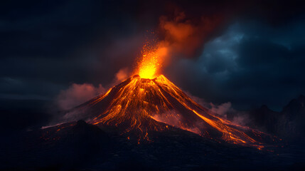 Fototapeta premium A volcano spewing molten lava into the night sky, the fiery flow lighting up the surrounding terrain as it erupts violently.