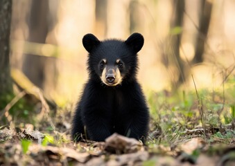 Obraz premium Adorable black bear cub exploring a forest floor with leaves and soft sunlight filtering through trees in a serene natural wildlife setting