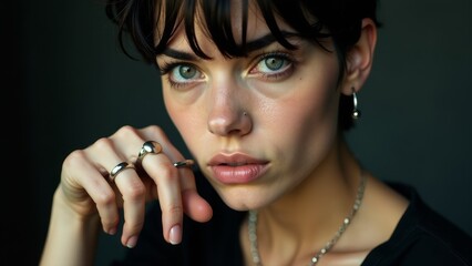 Obraz premium Woman With Short Hair, Silver Jewelry