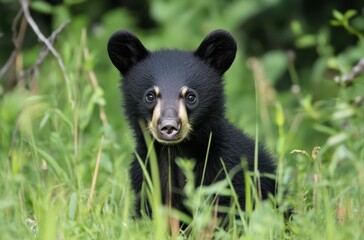Naklejka premium Adorable Black Bear Cub Sitting in Lush Green Grass Surrounded by Nature, Capturing the Beauty and Cuteness of Wildlife in Its Natural Habitat