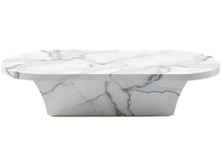 Sleek, oval coffee table with a modern marble design. The unique shape and elegant white marble create a sophisticated look for any living room.