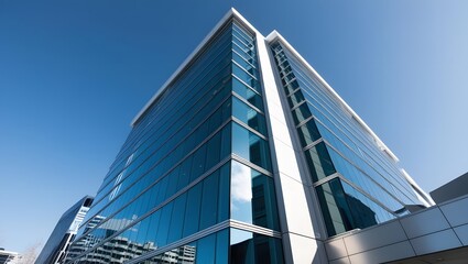 Fototapeta premium A striking modern glass tower ascends against a vibrant blue sky, its reflective facade mirroring the cityscape and clouds. The buildings architectural design is both elegant and imposing.