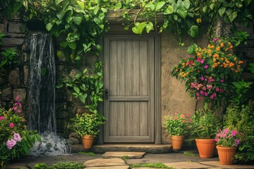 Rustic garden entryway with cascading waterfall.