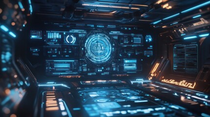 Fototapeta premium Futuristic spaceship bridge with glowing interfaces.