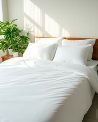 Longevity lifestyle natural concept. A sunlit, neatly made bed with white linens sits next to a bedside table with green plants in a cozy, minimalist bedroom.