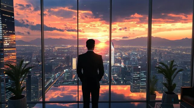 Businessman admiring vibrant sunset over city skyline from modern highrise office