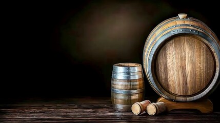 Wooden barrels & corks on rustic wood table against blurred dark background