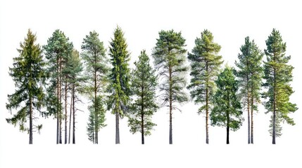 Set of green coniferous forest with tall trees and rich green canopy on white background.