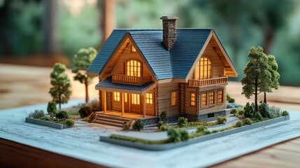 Small wooden house model with lights on blueprint surrounded by trees.