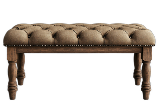 Wooden bench with buttoned seat isolated on transparent background.