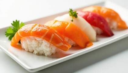 Close-up of assorted sushi on white background, tradition, seafood, japanese