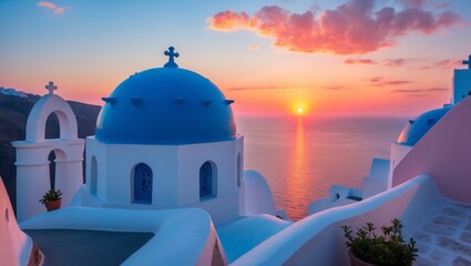 Fototapeta premium Scenic Santorini Landscape At Sunset Featuring Blue Domed Churches White Buildings And Calm Mediterranean Sea