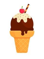 Chocolate ice cream cone with cream topping, sprinkles, cherry, and wafer stick. Summer dessert concept. Flat vector illustration isolated on white background