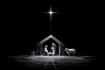 White chalk drawing of the nativity scene on a black background, concept for Christmas cards, religious events, and winter holidays