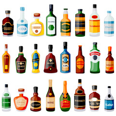 Alcohol drink bottles icons set isolated on white background. Vector flat cartoon illustration. Bar menu design elements