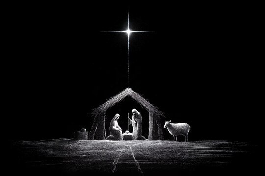 White chalk drawing of the nativity scene on a black background, concept for Christmas cards, religious events, and winter holidays